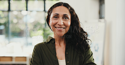 Buy stock photo Business woman, portrait and smile in home office for research, remote work and about us. Mature creative consultant, freelancer and confidence for project management, pride or administration support