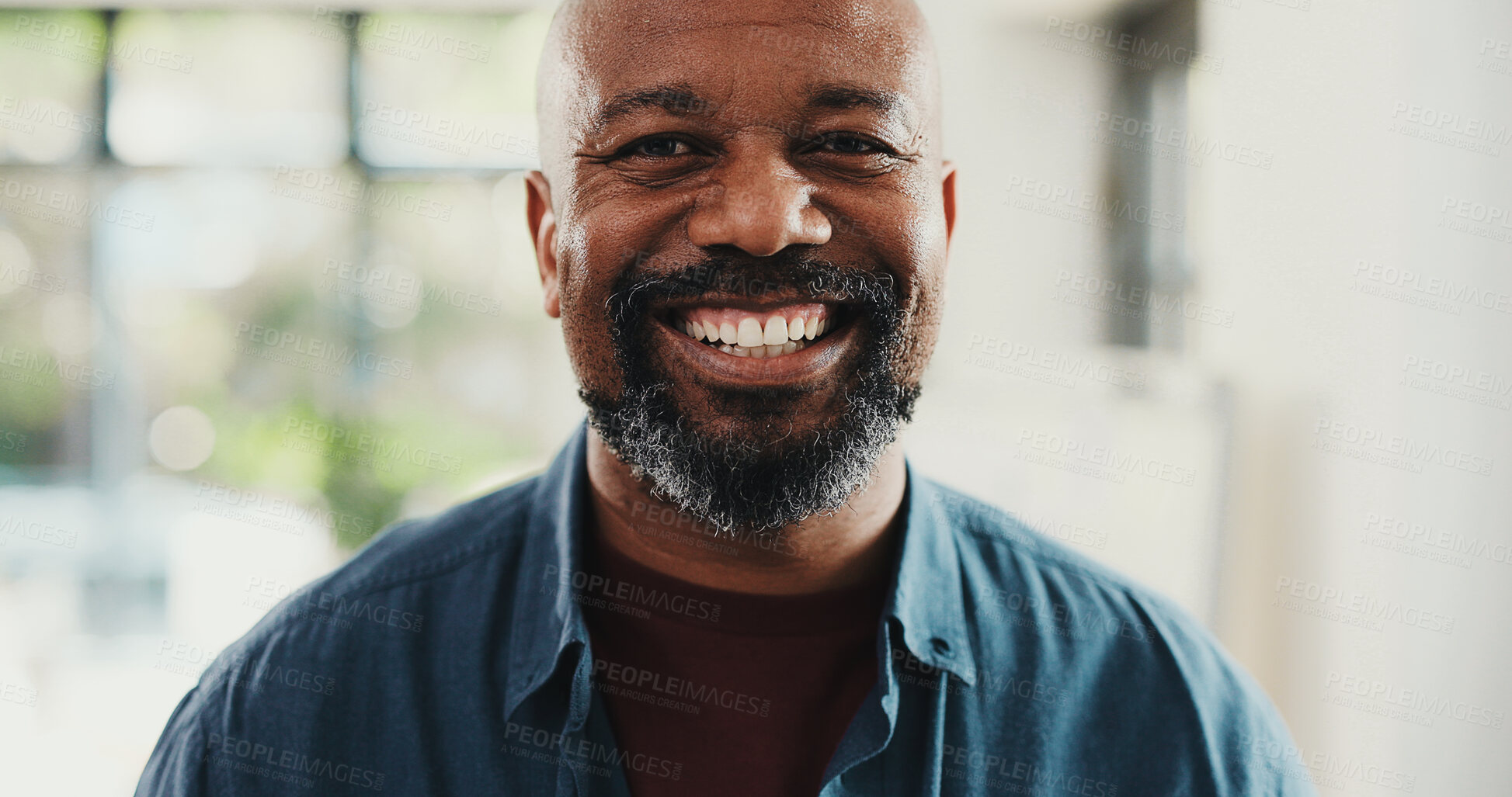 Buy stock photo Smile, portrait and mature businessman in office with confidence for creative career growth. Happy, professional and African male magazine editor with pride for company about us in workplace.