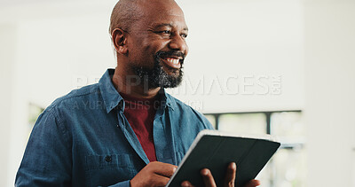 Buy stock photo Tablet, thinking and mature businessman in office with research for planning creative project. Digital technology, ideas and African male magazine editor with article for publishing in workplace.