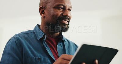 Buy stock photo Tablet, planning and mature businessman in office with research for finance report with budget. Digital technology, ideas and African financial manager with email for investment proposal in workplace