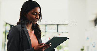 Buy stock photo Woman, thinking and tablet in home office for editing, remote work and business ideas. Virtual assistant, freelancer and tech for project management, creative agency or administration support