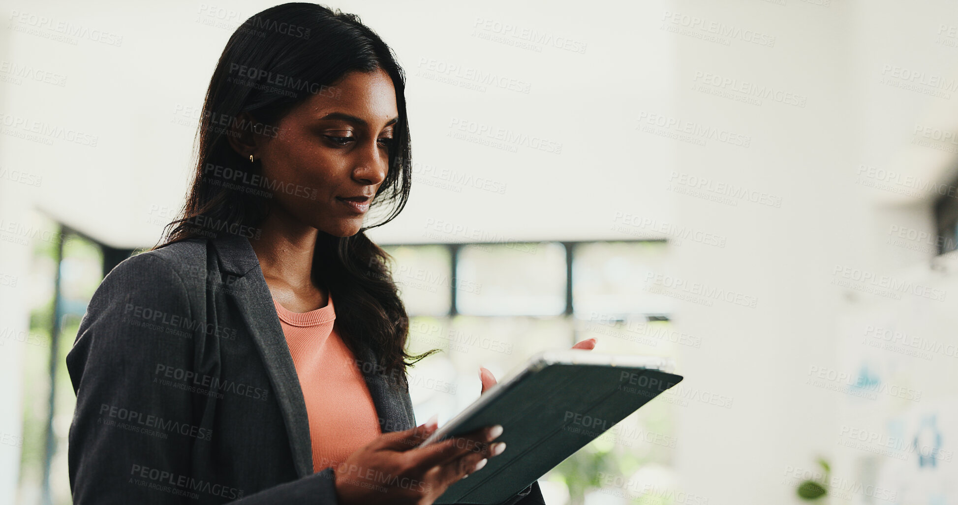 Buy stock photo Woman, thinking and tablet in home office for editing, remote work and business ideas. Virtual assistant, freelancer and tech for project management, creative agency or administration support