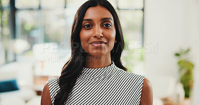 Buy stock photo Happy, portrait and businesswoman in office with confidence for finance career opportunity. Smile, professional and female financial advisor with pride for corporate company about us in workplace.