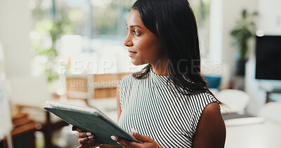 Buy stock photo Tablet, thinking and businesswoman in office with research for finance report with budget. Digital technology, ideas and female financial advisor with email for investment proposal in workplace.