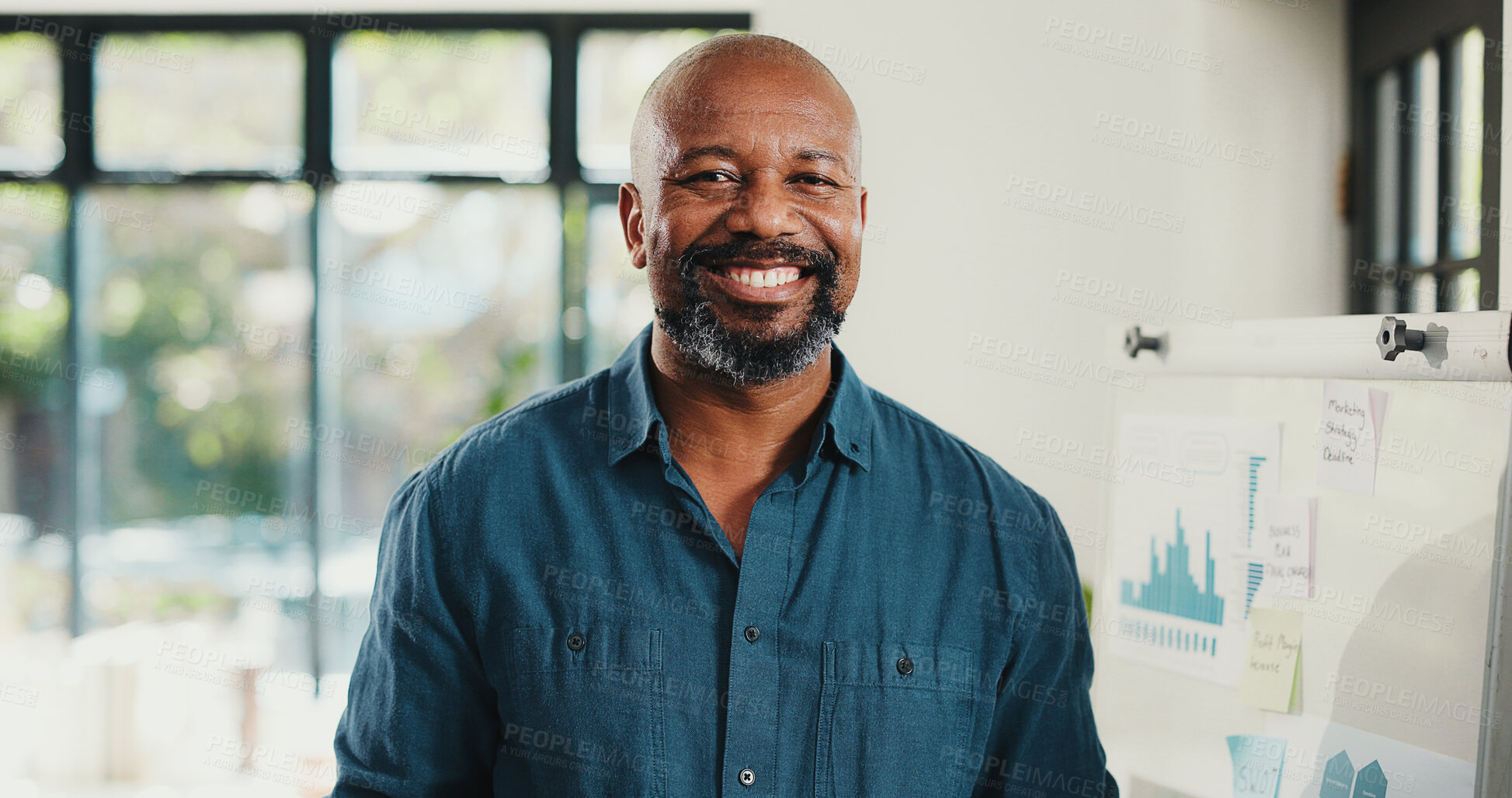 Buy stock photo Pride, portrait and mature businessman in office with statistics for corporate finance project. Happy, professional and African male financial manager with smile for company about us in workplace.