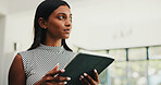 Media agency, thinking or woman in office, tablet or ideas for article submission. Person, solution or journalist in workplace, tech or choice with connection, problem solving or app for website blog