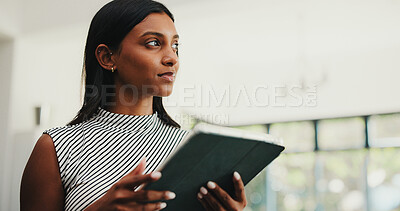 Buy stock photo Media agency, thinking or woman in office, tablet or ideas for article submission. Person, solution or journalist in workplace, tech or choice with connection, problem solving or app for website blog