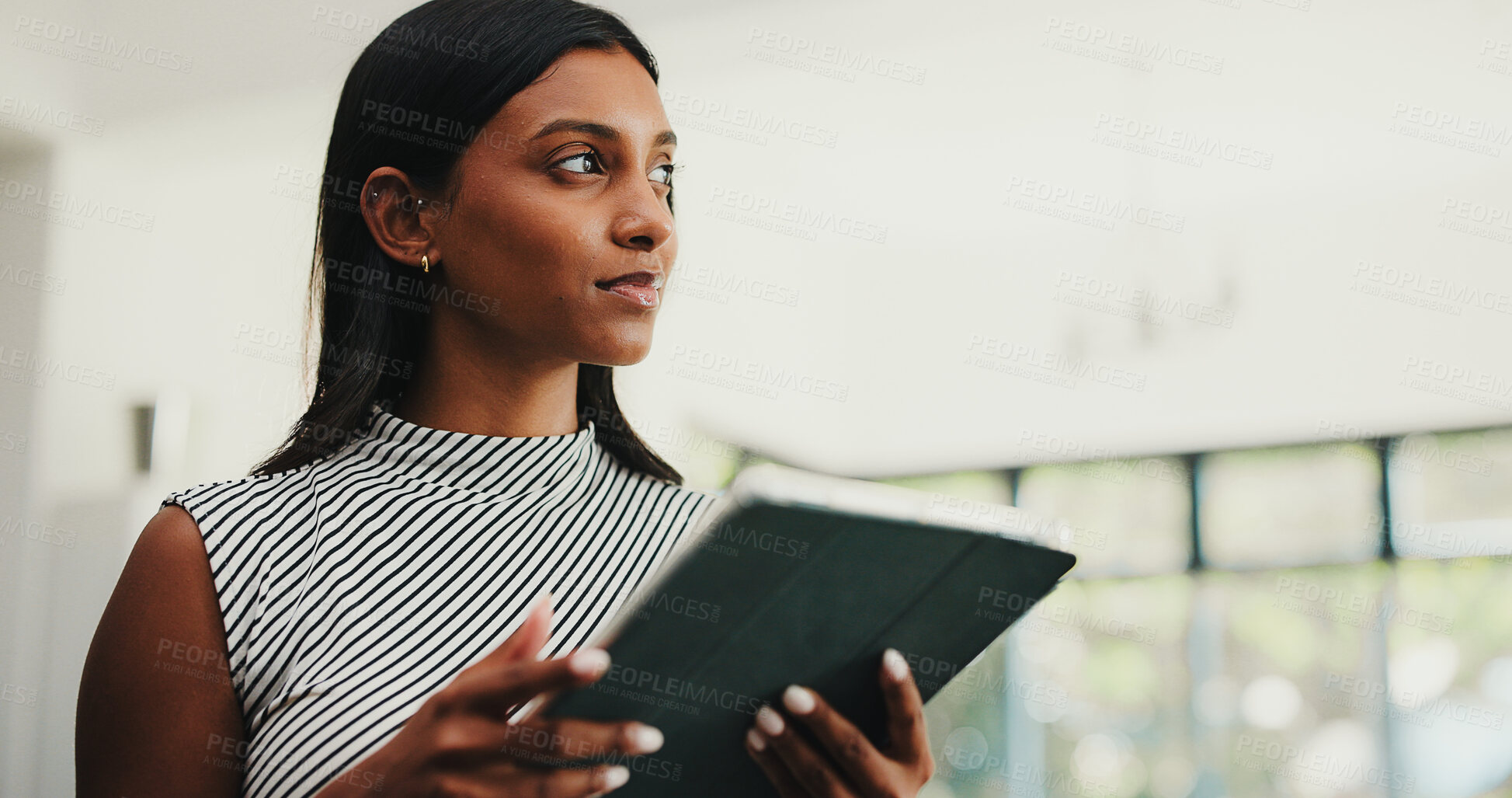 Buy stock photo Media agency, thinking or woman in office, tablet or ideas for article submission. Person, solution or journalist in workplace, tech or choice with connection, problem solving or app for website blog