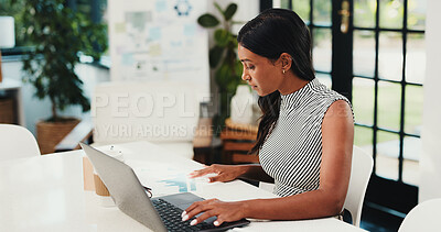Buy stock photo Finance, laptop and business woman in office with documents for budget, planning and research. Startup, paperwork and person on computer for financial review, data analysis and graph for expenses
