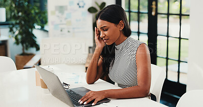 Buy stock photo Business woman, headache and overworked with laptop in office for stress, strain or pressure. Frustrated, female person or employee with migraine on computer for project deadline, mistake or fatigue