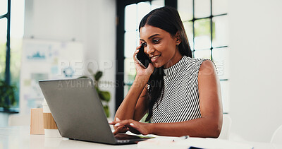 Buy stock photo Woman, phone call and laptop in home office for research, remote work and typing for report. Freelancer, business communication and tech for project management, finance agency or admin support
