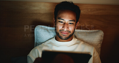 Buy stock photo Scroll, night or man in bedroom with tablet, online reading or video browse on social media. Digital, dark or male person in house with tech, e book subscription or movie streaming in late evening.
