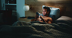 Night, man and check phone in bedroom for text message reply, social media or dating site notification. Late, person and scroll with tech in apartment for online conversation, internet or mobile app.