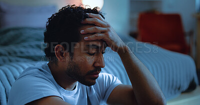 Buy stock photo Night, upset and man thinking with depression, mental health or insomnia from sad memories in bedroom. Late, contemplation and anxious person with grief, worry and sleepless from stress in apartment.