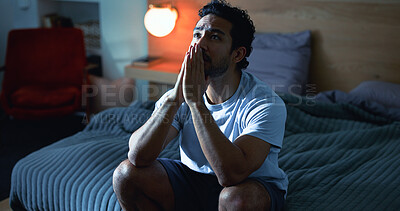 Buy stock photo Night, stress and thoughtful man with anxiety, mental health and prayer for insomnia in bedroom. Late, contemplation and anxious person with depression, grief and praying for sleeplessness in house.