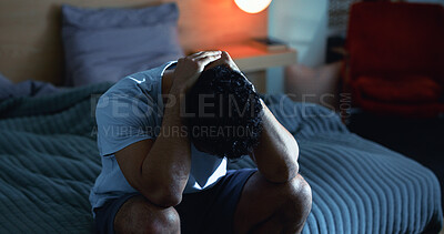 Buy stock photo Insomnia, night and man in bedroom with stress for burnout, exhausted and fatigue for mental health. Tired, dark and person with upset, sad and anxiety for sleepless, bad dream and frustrated in home