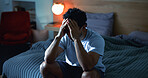 Insomnia, night and man in bedroom with fatigue for burnout, exhausted and stress for mental health. Tired, dark and person with upset, sad and anxiety for sleepless, bad dream and frustrated in home
