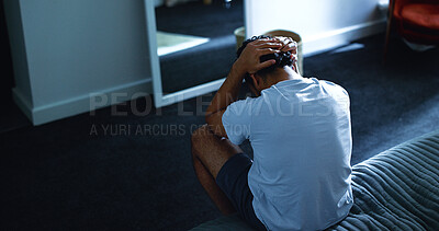 Buy stock photo Insomnia, night and above of man in bedroom with stress for burnout, exhausted and fatigue for mental health. Home, dark and person with upset, sad and frustrated for sleepless, bad dream and tired