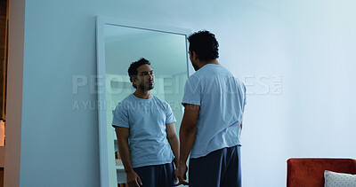 Buy stock photo Home, mirror and man with depression, bedroom and tired with anxiety, pressure and stress. Apartment, reflection and person with emotions, sad and fatigue with burnout, hopeless and mental health