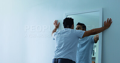 Buy stock photo Mental health, reflection or man in mirror with thoughts, psychosis or paranoid with personality disorder. Schizophrenia, space or person in house with bipolar, trauma or anxiety in emotional crisis.
