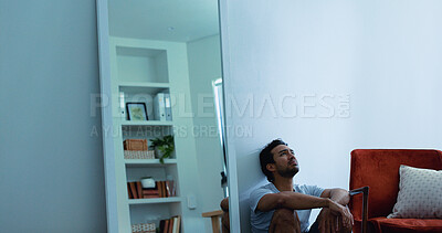 Buy stock photo Sad, frustrated or overwhelmed man in home, poor mental health and anxiety for financial crisis. Bankruptcy, depressed and burnout person with space for debt worry, breakdown and pressure for stress