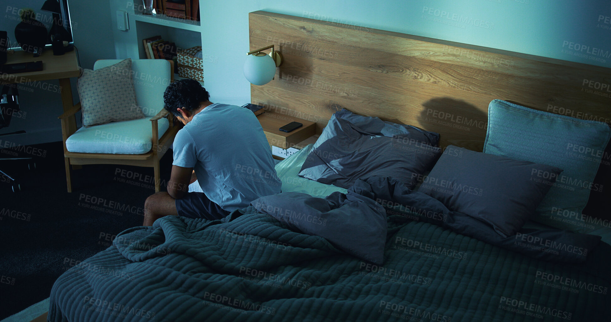 Buy stock photo Insomnia, night and frustrated man in bedroom for burnout, exhausted and fatigue for mental health. Tired, above and person with upset, sad and anxiety for sleepless, bad dream and stress in home