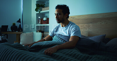 Buy stock photo Insomnia, thinking and man in bedroom tired for burnout, exhausted and fatigue for mental health. Night, home and person with upset, sad and anxiety for sleepless, bad dream and depressed in dark