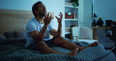 Buy stock photo Insomnia, shout and man in bedroom at night for burnout, exhausted and fatigue for mental health. Tired, dark and person with upset, angry and screaming for sleepless, bad dream or frustrated in home