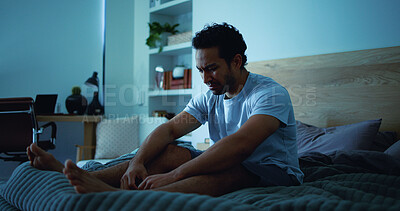 Buy stock photo Night, stress and sad man with depression, mental health and sleepless from lonely memories in bed. Late, contemplation and upset person with anxiety, grief and insomnia with thinking in apartment.