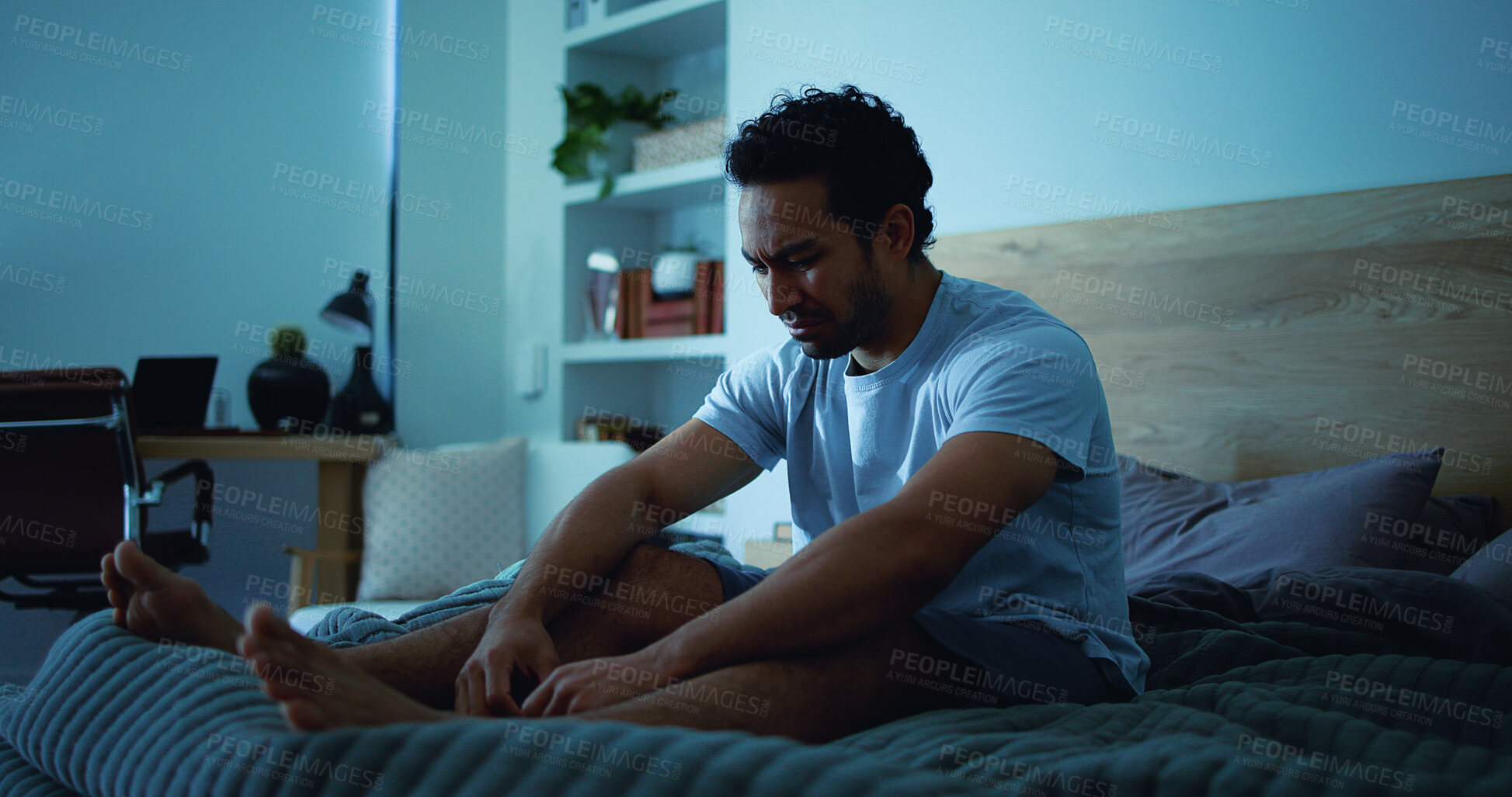 Buy stock photo Night, stress and sad man with depression, mental health and sleepless from lonely memories in bed. Late, contemplation and upset person with anxiety, grief and insomnia with thinking in apartment.