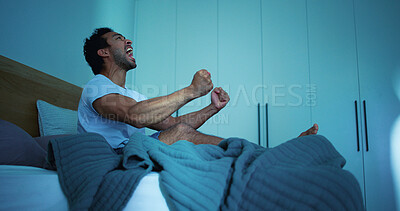 Buy stock photo Insomnia, night and man in bedroom with scream for burnout, exhausted and fatigue for mental health. Tired, dark and person with upset, angry and shout for sleepless, bad dream and frustrated in home