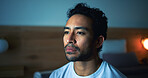 Thinking, man and insomnia in bedroom, night and stress for job loss, space or mental health in home. Unhappy, reflection and anxiety for unemployment and person with depression for financial crisis