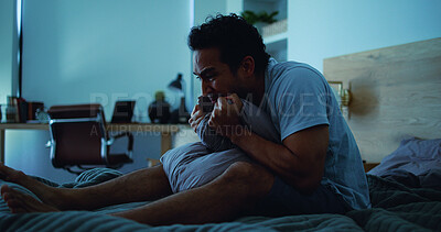 Buy stock photo Night, pillow and stressed man with anxiety, mental health and sleepless from sad memories in bed. Late, contemplation and anxious person with depression, grief and insomnia from frustration in home.