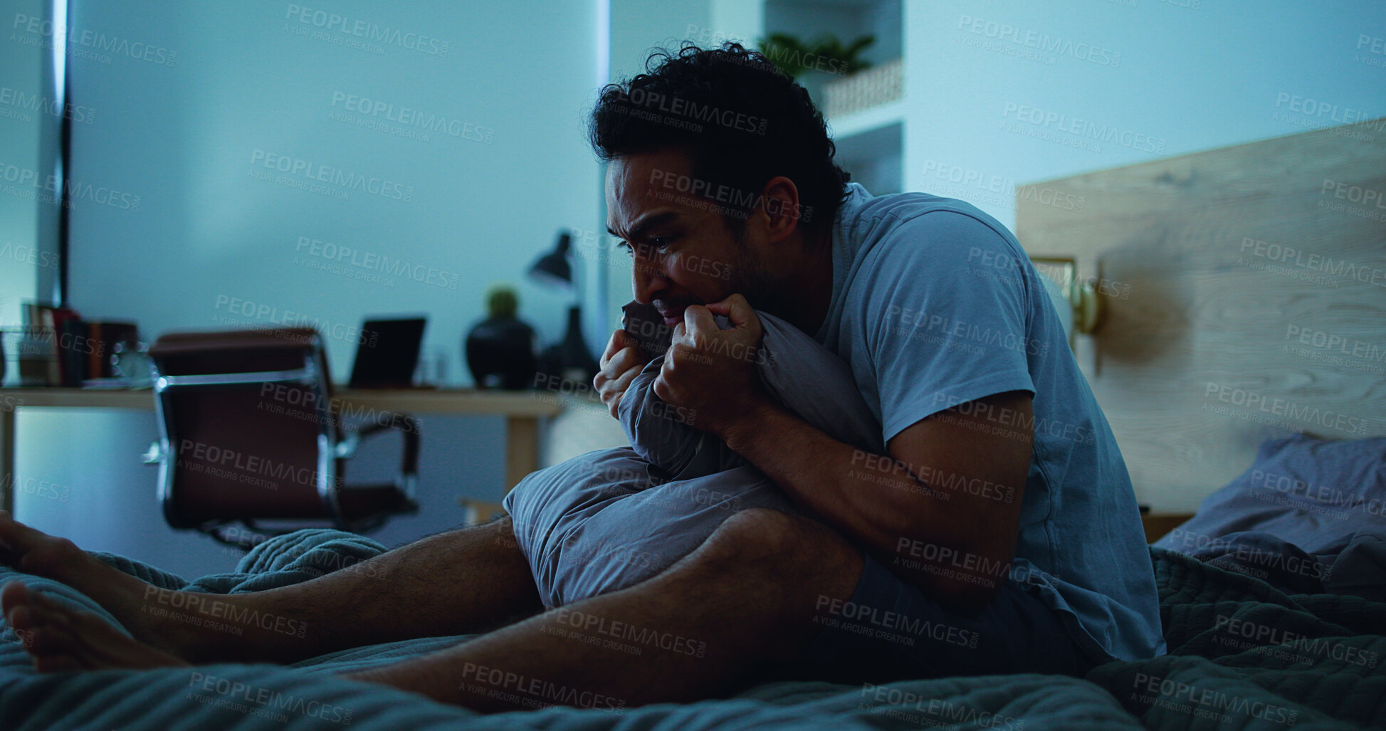 Buy stock photo Night, pillow and stressed man with anxiety, mental health and sleepless from sad memories in bed. Late, contemplation and anxious person with depression, grief and insomnia from frustration in home.
