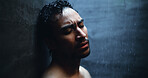 Mental health, loss and man in shower with reflection, anxiety trigger or memory of past trauma. Grief, flashback and male person in house with sadness, regret or fatigue in emotional thoughts.