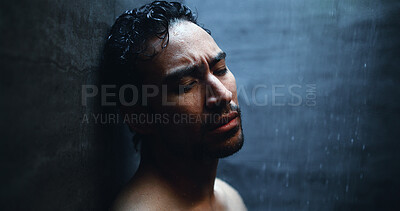 Buy stock photo Mental health, loss and man in shower with reflection, anxiety trigger or memory of past trauma. Grief, space and male person in bathroom with flashback, sadness or fatigue in emotional thoughts.