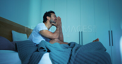 Buy stock photo Frustrated, night and man in bedroom with insomnia for burnout, exhausted and fatigue for mental health. Tired, dark and person with upset, sad and anxiety for sleepless, bad dream and stress in home