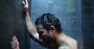 Buy stock photo Mental health, stress and man in shower with reflection, anxiety trigger or memory of past trauma. Grief, flashback and male person in house with sadness, loss or emotional thoughts in bathroom.