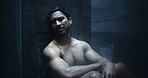 Man, shower and frustrated in bathroom for crying, mental health and reflection in home. Male person, house and running water in morning for depression, fear and disappointed with anxiety or stress