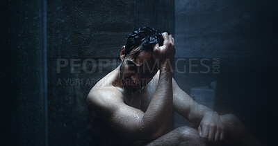 Buy stock photo Man, shower and frustrated in bathroom for anxiety, mental health and reflection in home. Person with depression, house and running water for emotions, fear and disappointed with guilt or stress