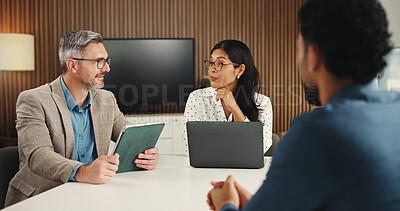 Buy stock photo Laptop, tablet and manager with business people in office for finance report with budget plan. Computer, digital technology and financial advisors with investor for investment proposal in workplace.