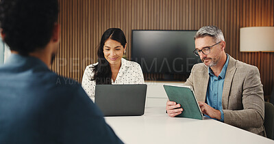 Buy stock photo Laptop, tablet and business people in office for meeting on finance report with budget plan. Computer, feedback and financial advisors with investor for investment proposal with deal in workplace.