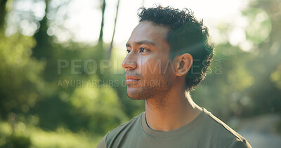 Buy stock photo Thinking, explore or man in nature with hiking, fresh air or contemplation on trekking journey. Reflection, bokeh or person in forest with sightseeing, mindfulness or daydreaming in outdoor adventure