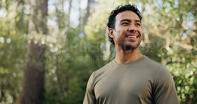 Buy stock photo Thinking, happy or man in nature with hiking, fresh air or inspiration on trekking journey. Reflection, space or person in forest with satisfaction, mindfulness or daydreaming in outdoor adventure.