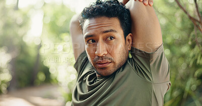 Buy stock photo Man, fitness and stretching with arms in nature for workout preparation, start or begin in forest. Active, male person or runner getting ready with warm up for hiking, outdoor training or exercise