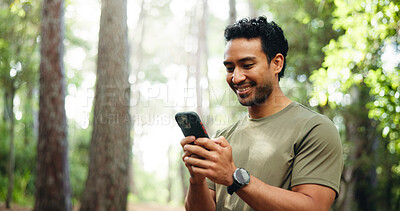 Buy stock photo Phone, fitness and reading with man in nature for running trail guide, workout search and health app. Online training tracker, sports performance and chat with person and tech outdoor for contact