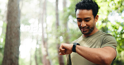Buy stock photo Happy, athlete and man with smart watch, park and exercise progress on app, wellness and heart rate. Outdoor, runner and person with tech for workout updates, space and health monitoring or fitness