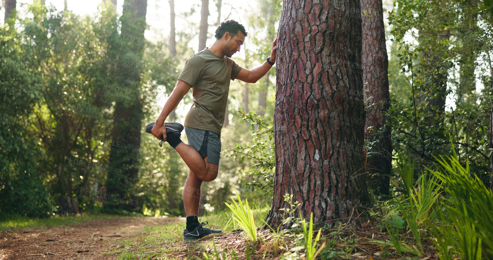 Buy stock photo Man, fitness and stretching with legs in forest for workout preparation, start or begin in nature. Active, male person or runner getting ready with warm up by tree for outdoor training or exercise