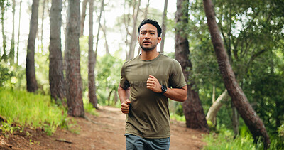 Buy stock photo Fitness, workout and man in forest with running, cardio and stamina training in sport challenge. Serious, wellness and athlete in nature with jog, outdoor trail and endurance exercise in Costa Rica.