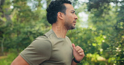 Buy stock photo Fitness, workout and man in nature with jog, cardio and stamina training in sport challenge. Wellness, bokeh and athlete in forest with running, outdoor trail and endurance activity in Costa Rica.